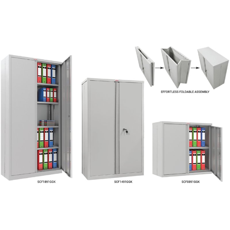 Phoenix armoire d'archivage acier pliable, 4 tablettes, verrouillable, gris clair